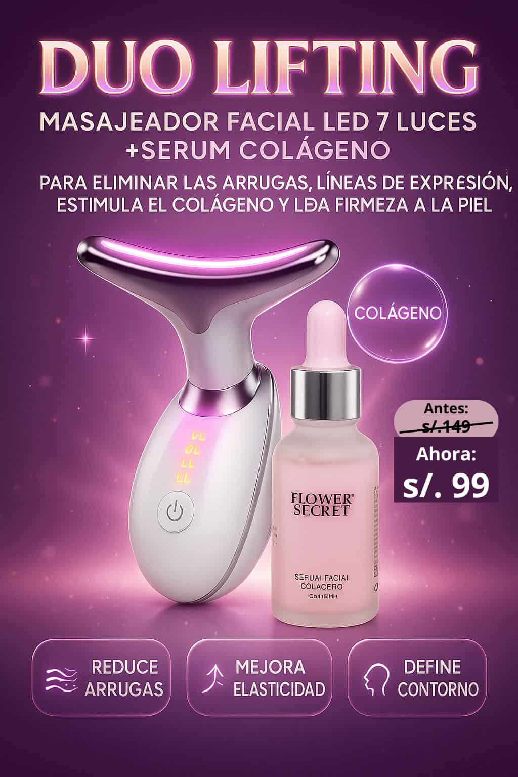 DUO LIFTING: MASAJEADOR FACIAL 7 COLORES + SÉRUM COLÁGENO