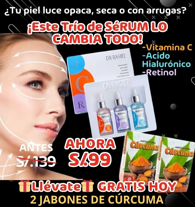 PACK 3 SÉRUM DR. RASHEL: VITAMINA C, ÁCIDO HIALURÓNICO Y RETINOL+🎁 2 JABONES DE CÚRCUMA