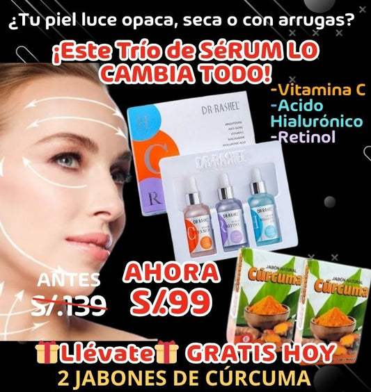 PACK 3 SÉRUM DR. RASHEL: VITAMINA C, ÁCIDO HIALURÓNICO Y RETINOL+🎁 2 JABONES DE CÚRCUMA