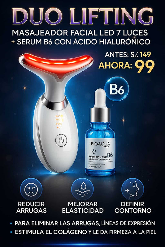DÚO LIFTING GLOW: MASAJEADOR LED 7 COLORES + SÉRUM B6 ACIDO HIALURÓNICO