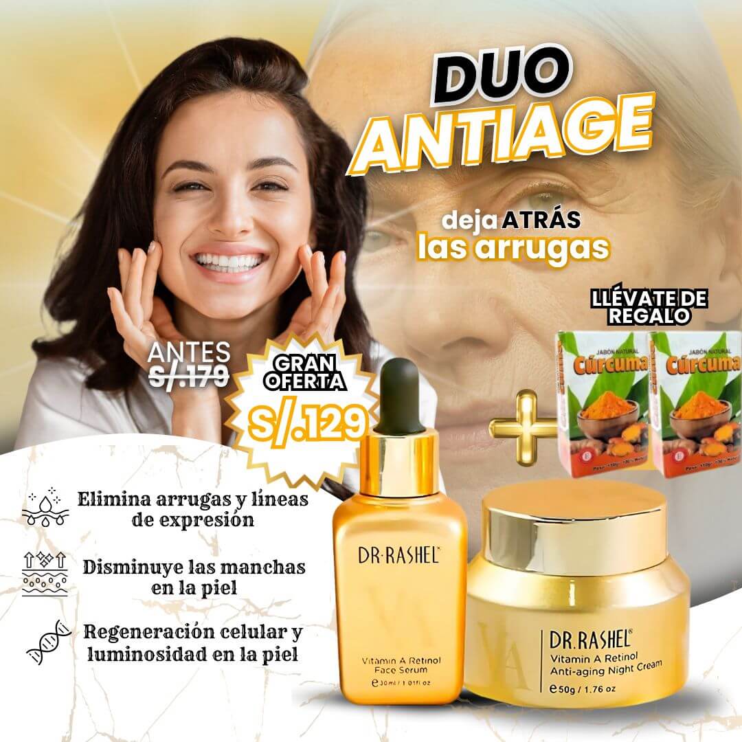 DÚO ANTIAGE: SÉRUM RETINOL Y CREMA FACIAL RETINOL DR. RASHEL + 🎁 2 JABONES CÚRCUMA