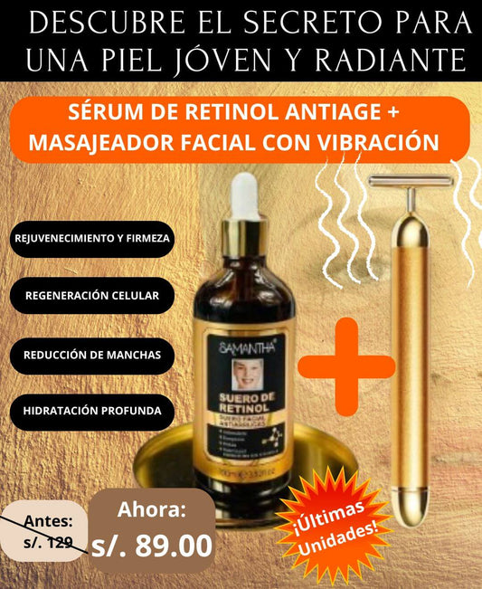 DÚO ANTIAGE: SÉRUM RETINOL ANTIARRUGAS 100 mL+ MASAJEADOR FACIAL CON VIBRACIÓN