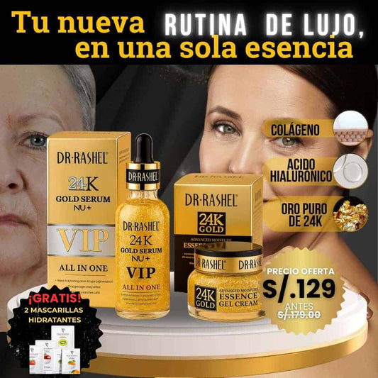 DUO ANTIAGE: SERUM 24K GOLD VIP + GEL CREMA 24K GOLD + 🎁 2 MASCARILLAS HIDRATANTES