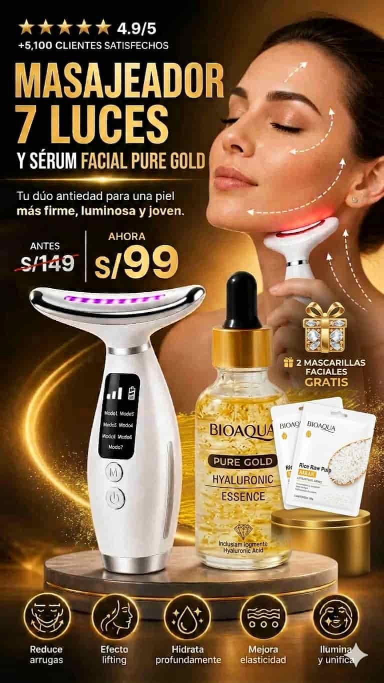 DÚO ANTIAGE: MASAJEADOR FACIAL 7 LUCES + SÉRUM PURE GOLD 30 ML