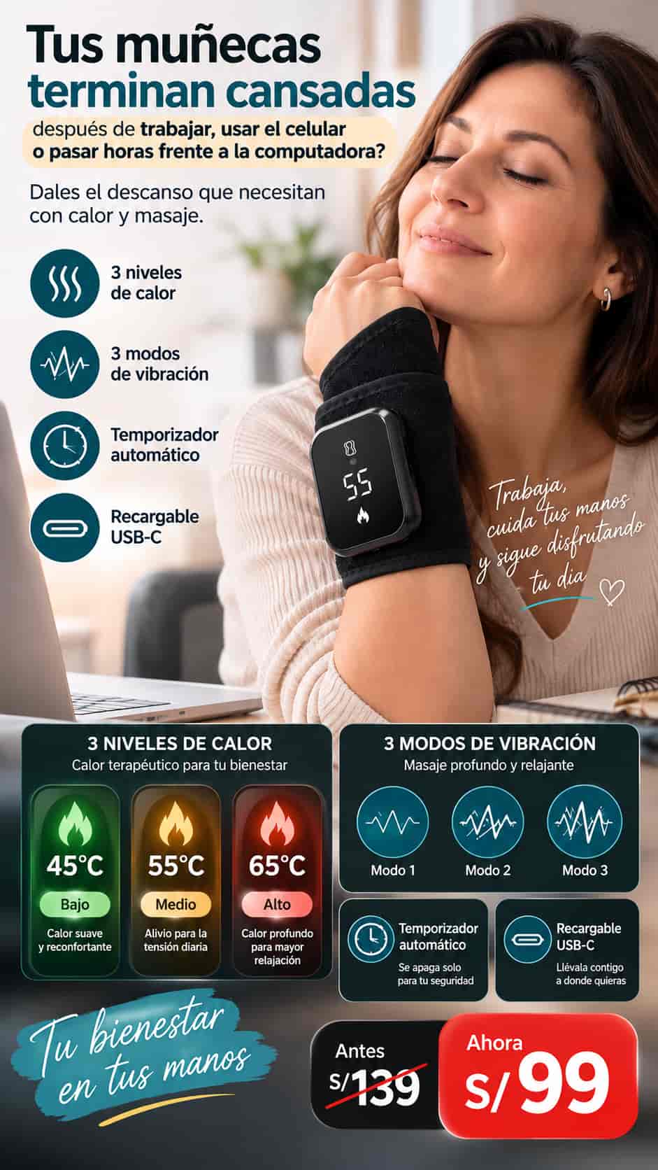 MUÑEQUERA TERAPÉUTICA CALOR & VIBRACIÓN