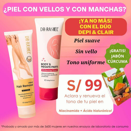 DÚO DEPILCLAIR: CREMA DEPILADORA Y CREMA ACLARADORA + 🎁JABÓN CÚRCUMA