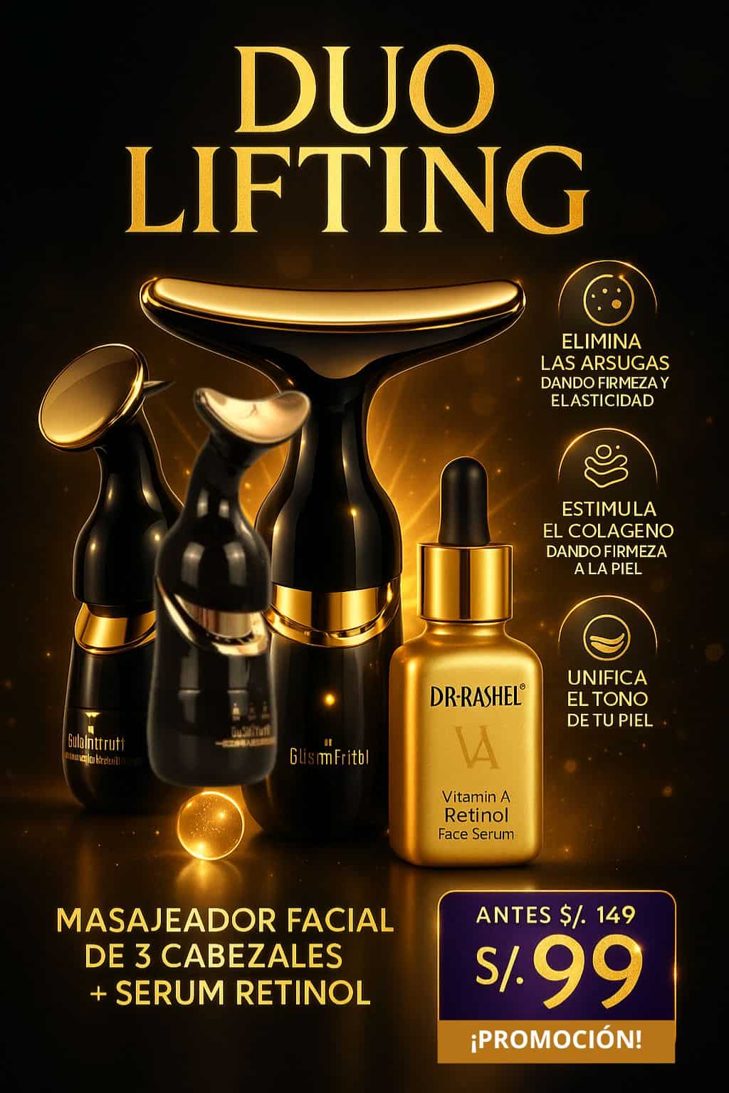 DÚO LIFTING: MASAJEADOR  FACIAL CON 3 CABEZALES + SÉRUM RETINOL- DR. RASHEL