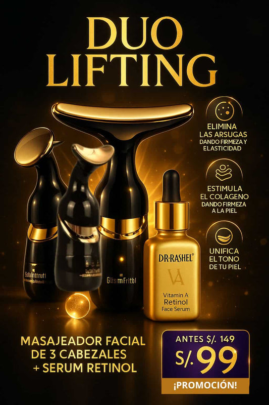 DÚO LIFTING: MASAJEADOR  FACIAL CON 3 CABEZALES + SÉRUM RETINOL- DR. RASHEL