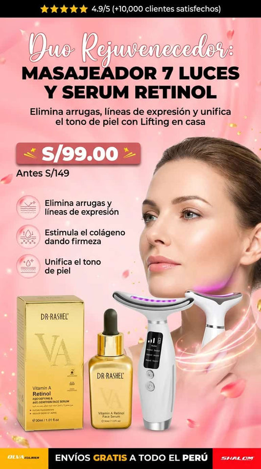 DÚO REJUVENECEDOR: MASAJEADOR FACIAL 7 LUCES + SÉRUM RETINOL DR. RASHEL