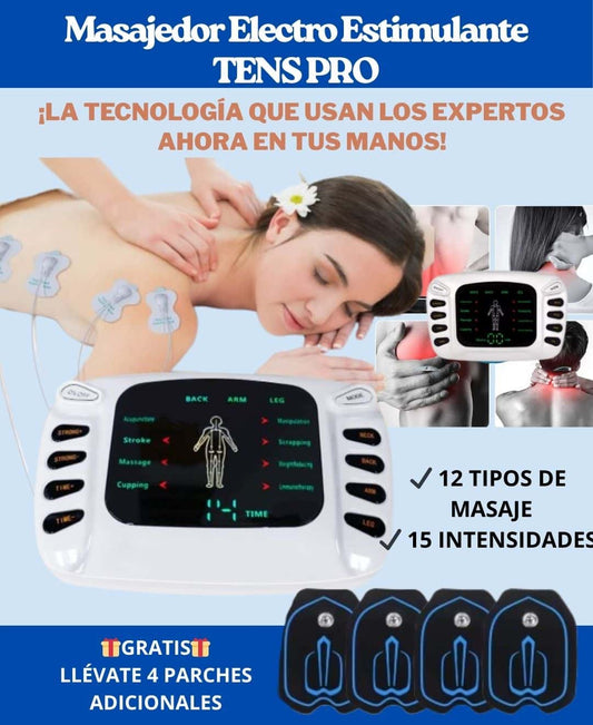 MASAJEADOR ELECTROESTIMULANTE TENS PRO 4 PARCHES + REGALO 4 PARCHES ADICIONALES