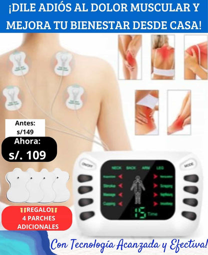MASAJEADOR ELECTROESTIMULANTE TENS PRO 4 PARCHES + REGALO 4 PARCHES ADICIONALES
