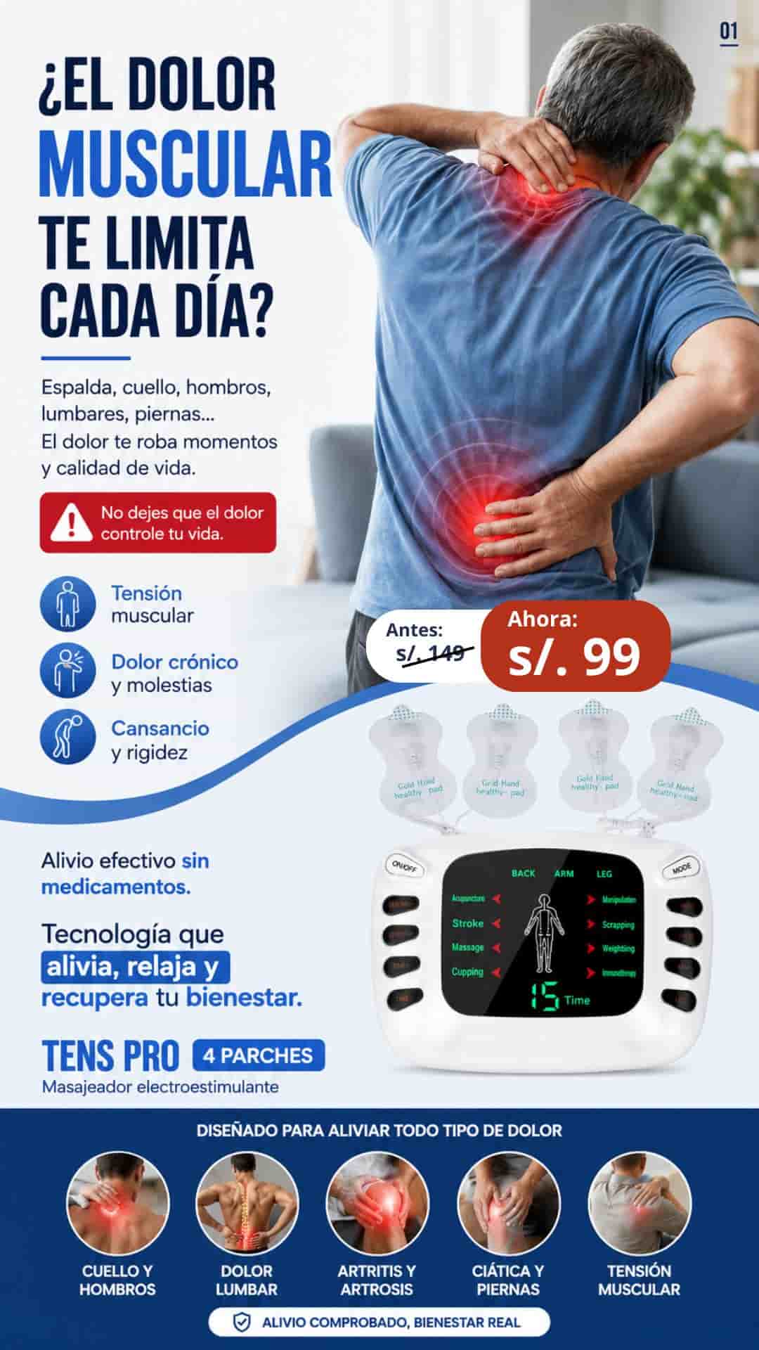 MASAJEADOR ELECTRO ESTIMULANTE TENS 4 PARCHES