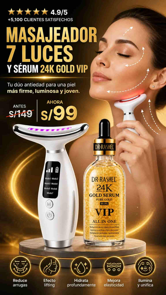 DUO ANTIAGE: MASAJEADOR FACIAL 7 LUCES + SÉRUM 24 K GOLD VIP DR. RASHEL 50 ML