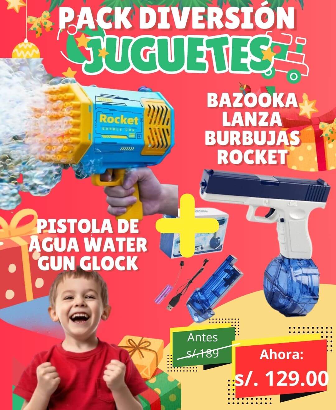 PACK DIVERSIÓN : BAZOOKA LANZA BURBUJAS & PISTOLA DE AGUA GLOCK