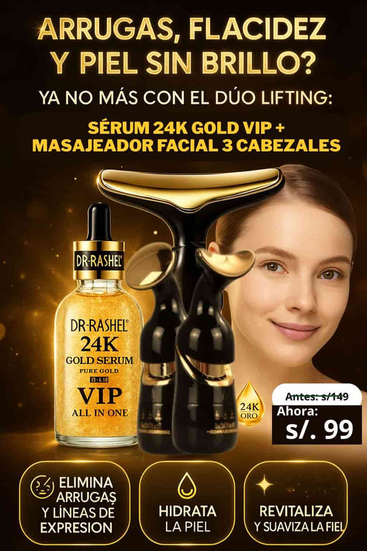 DÚO LIFTNG: SERUM 24K GOLD VIP + MASAJEADOR FACIAL 3 CABEZALES CON VIBRACIÓN