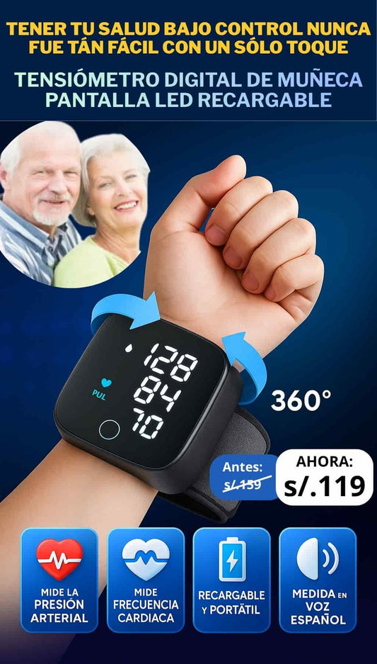 TENSIÓMETRO DIGITAL DE MUÑECA PANTALLA LED RECARGABLE